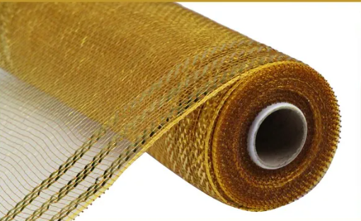 10" x 10yd Border Stripe Metallic Mesh-Brown/Gold W/Gold Foil-RE850208