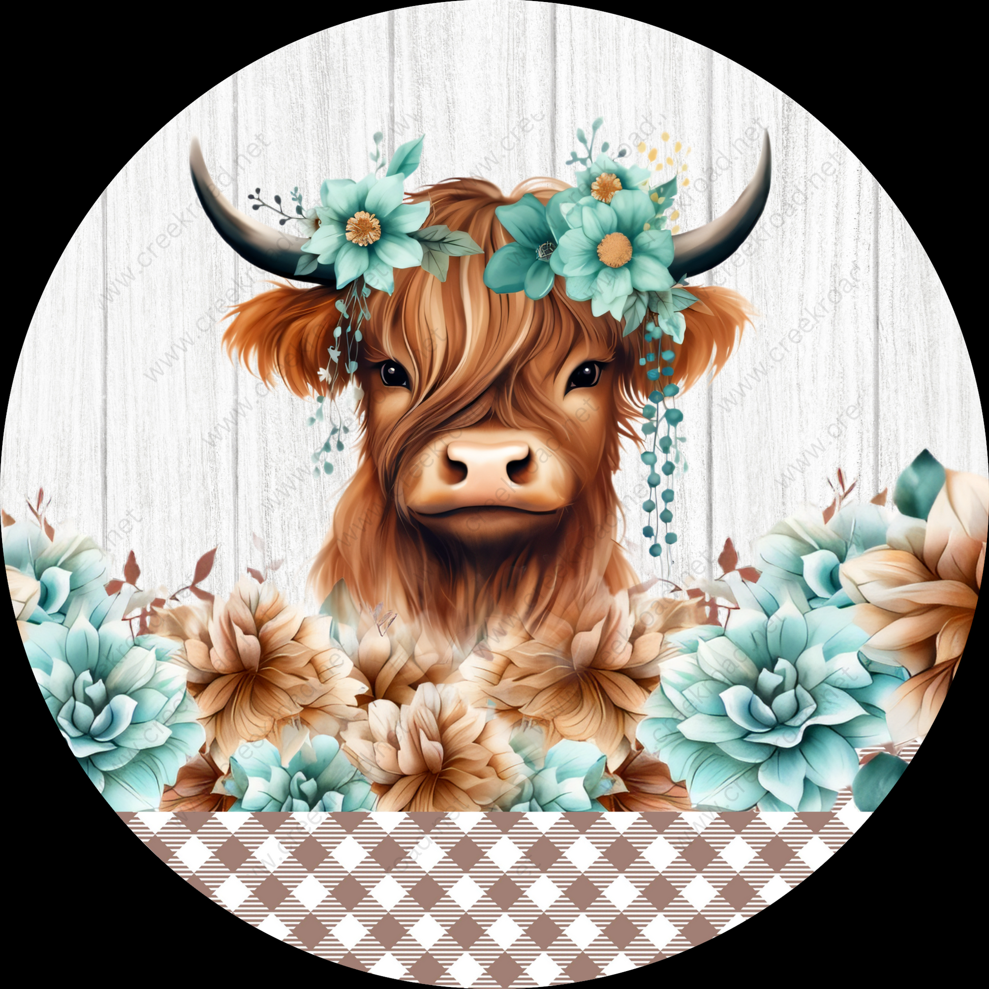 a picture of a cow with flowers on it's head