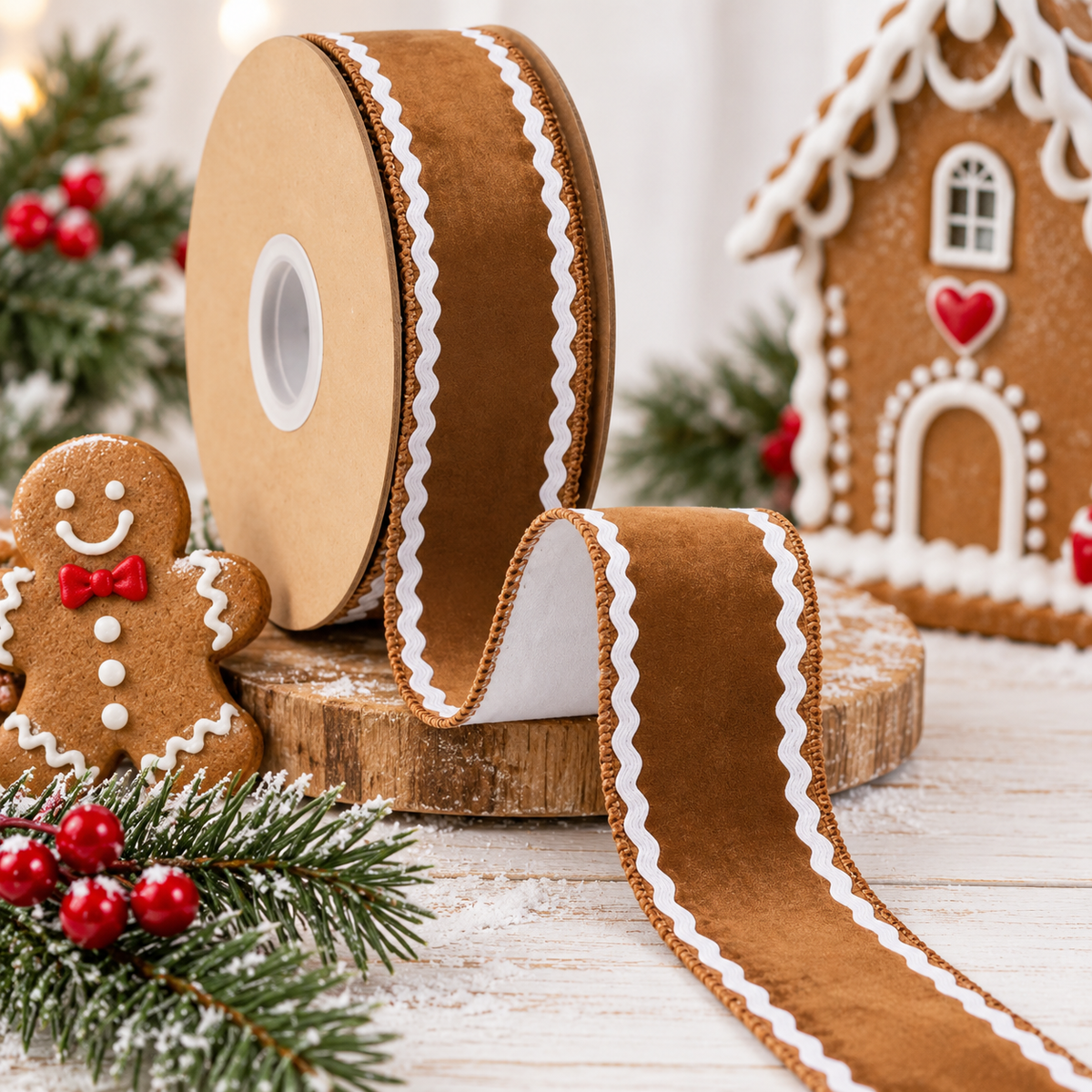 A roll of brown and white ribbon is placed next to a gingerbread house, surrounded by pine branches and red berries, creating a festive holiday scene.