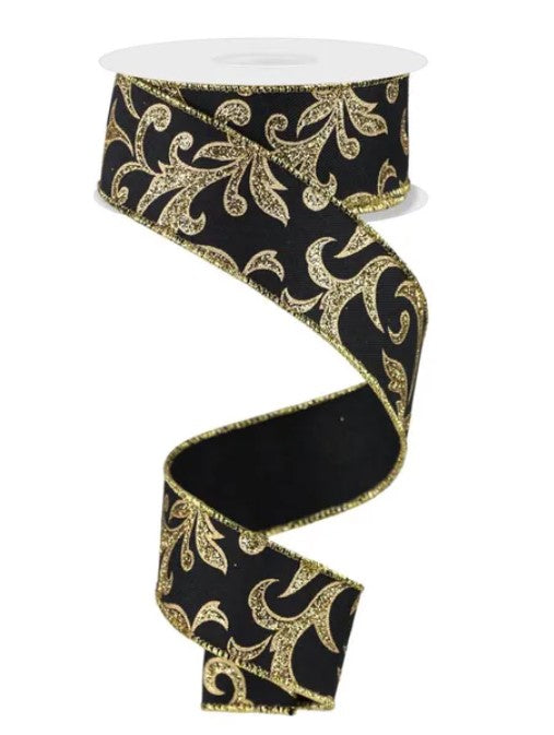 a black and gold floral patterned ribbon with a gold-colored floral design.