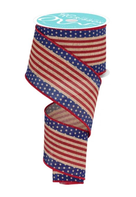 a large, red, white, and blue ribbon with a polka dot pattern.