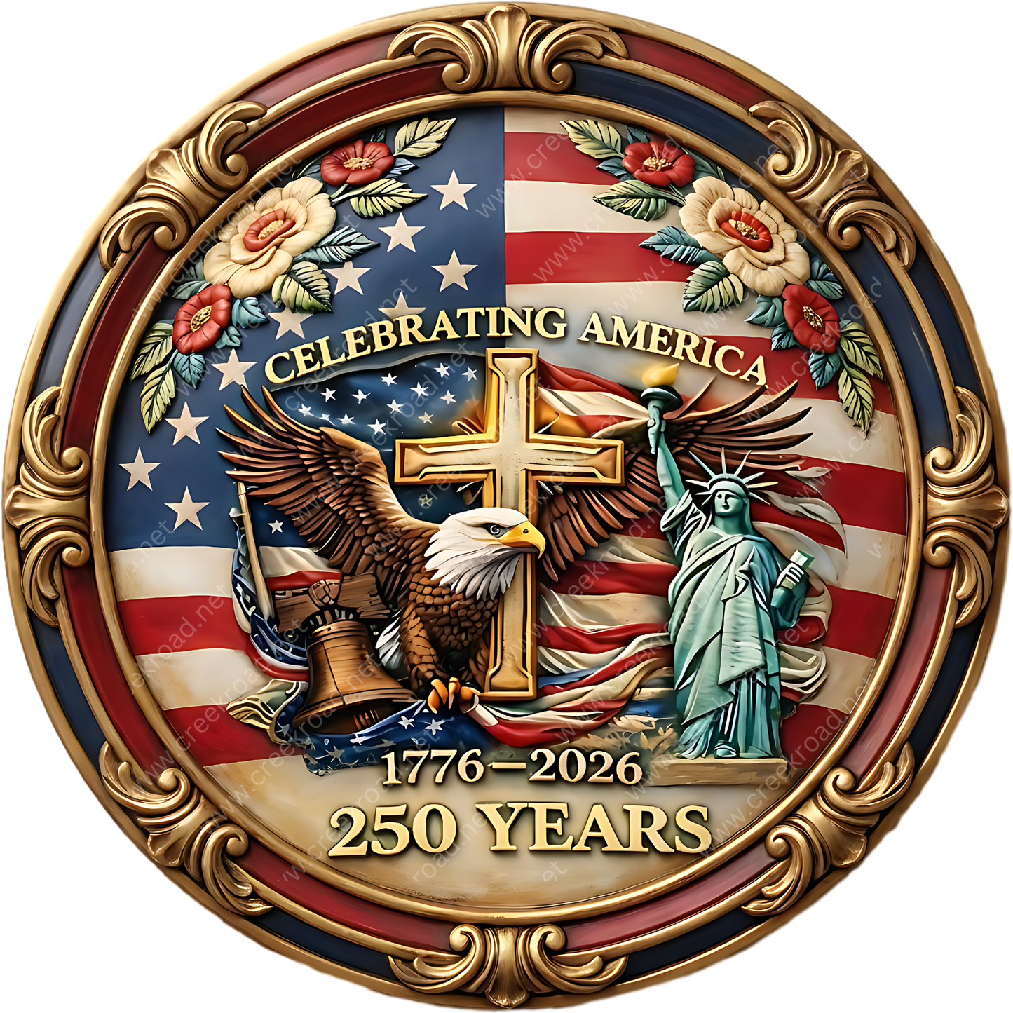 The image is a decorative plaque celebrating the 250th anniversary of the United States. It features a large eagle, a bell, and the Statue of Liberty, all set against the backdrop of the American flag. The plaque also includes the text "CELEBRATING AMERICA" and "1776-2026" to commemorate the country's independence and the year of its establishment.