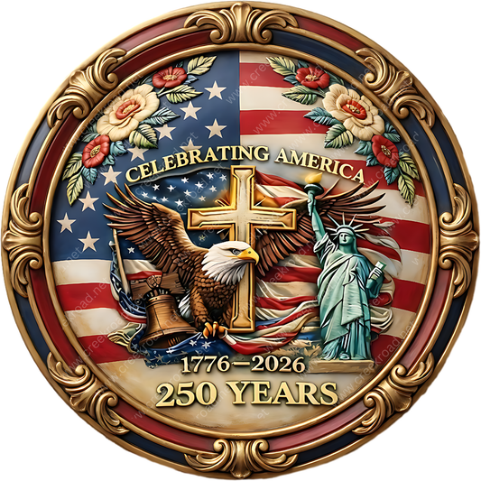 The image is a decorative plaque celebrating the 250th anniversary of the United States. It features a large eagle, a bell, and the Statue of Liberty, all set against the backdrop of the American flag. The plaque also includes the text "CELEBRATING AMERICA" and "1776-2026" to commemorate the country's independence and the year of its establishment.