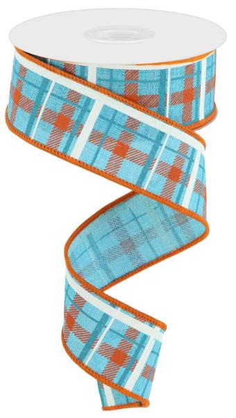 a roll of blue and orange plaid ribbon