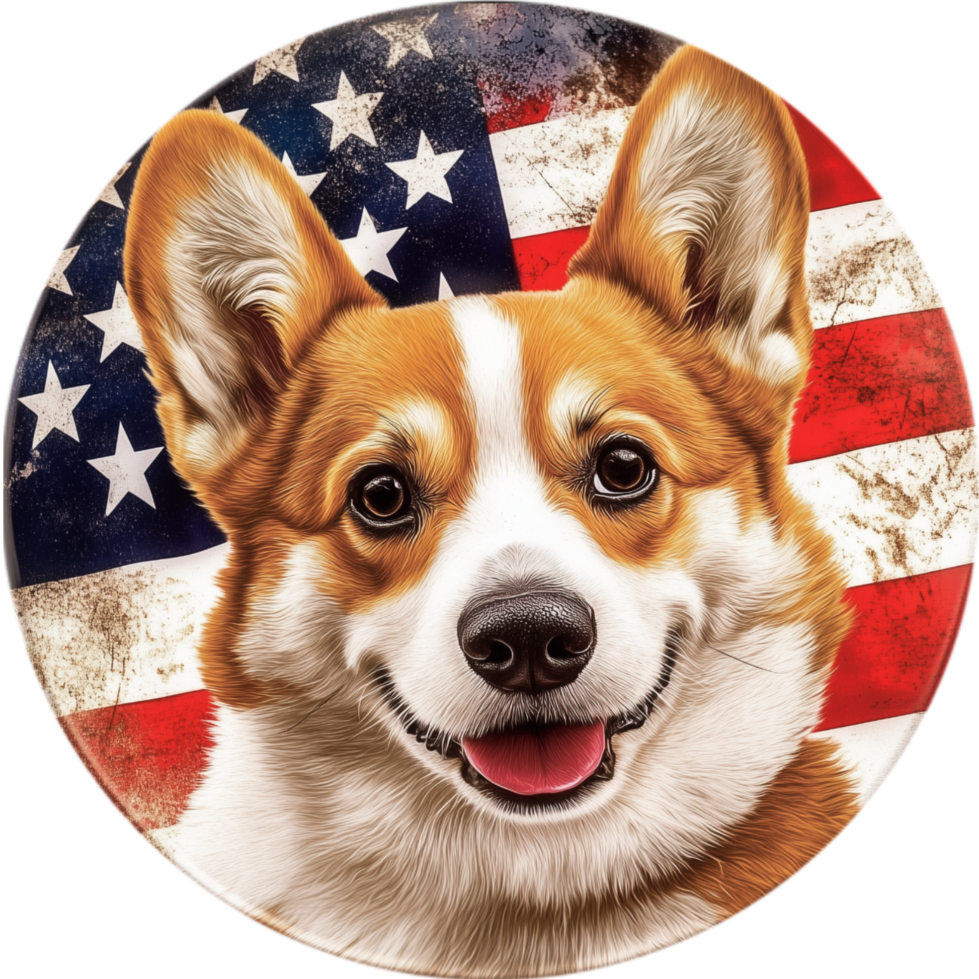 A happy, smiling corgi dog with a patriotic American flag in the background.