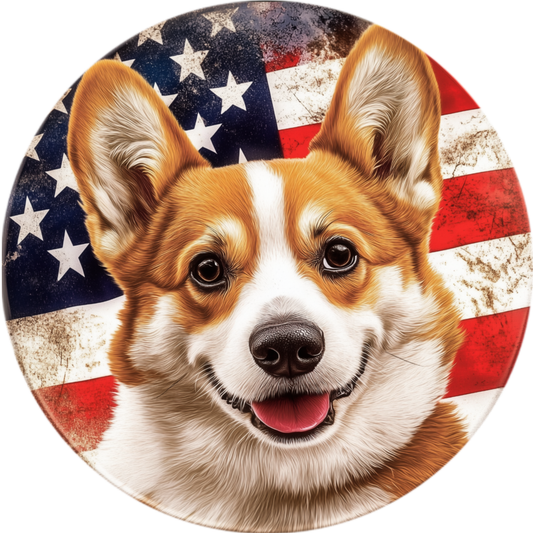 A happy, smiling corgi dog with a patriotic American flag in the background.
