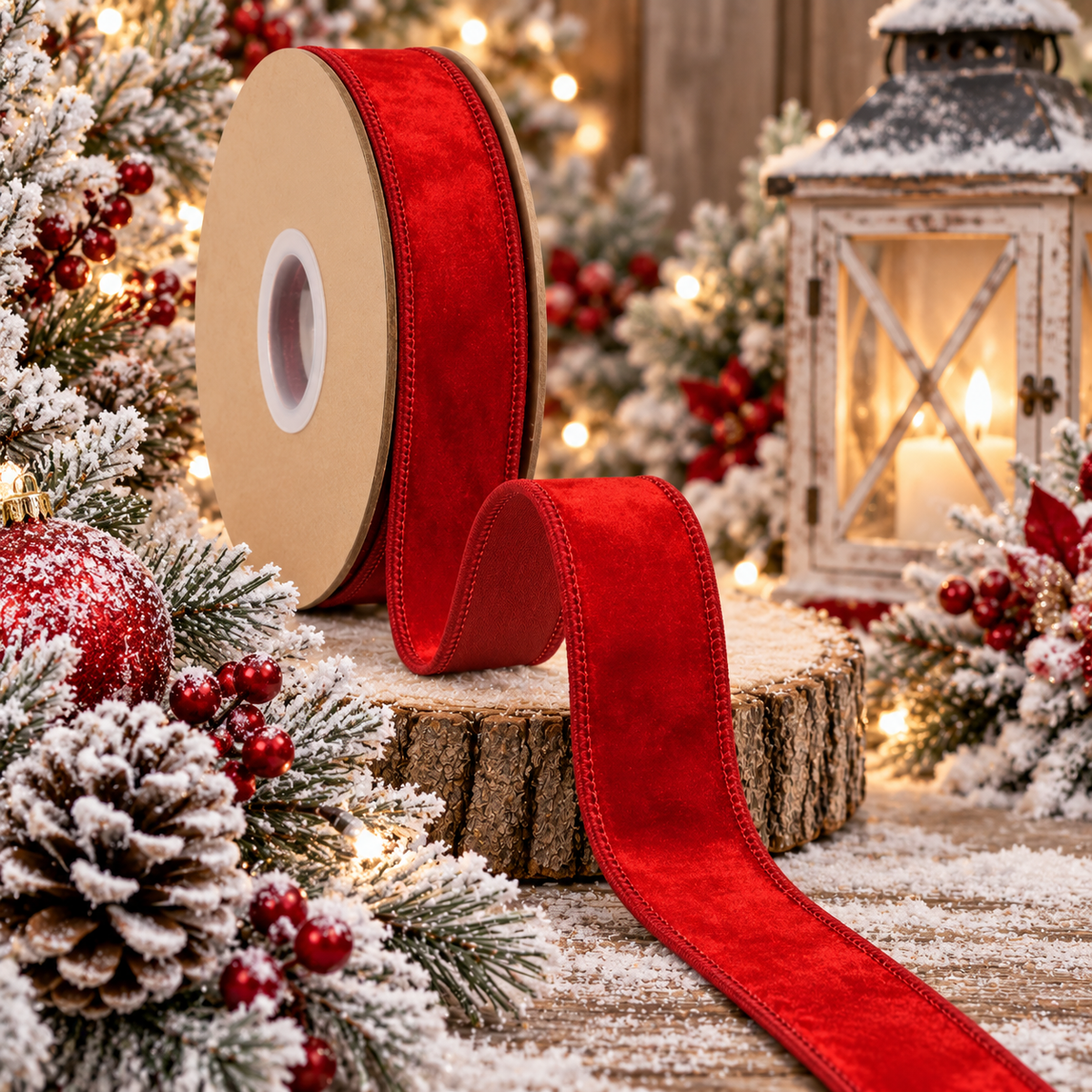 A red ribbon is placed on a wooden surface, surrounded by Christmas decorations such as pine cones, berries, and a lantern.