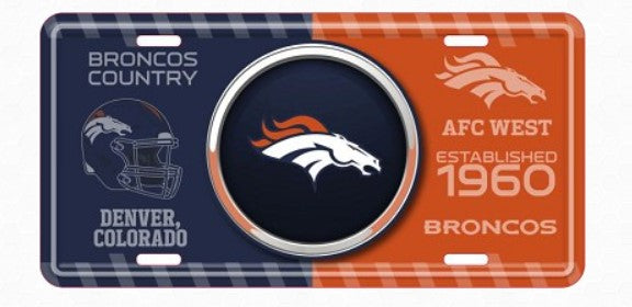 A license plate featuring the Denver Broncos logo and text, with the team's name and location.