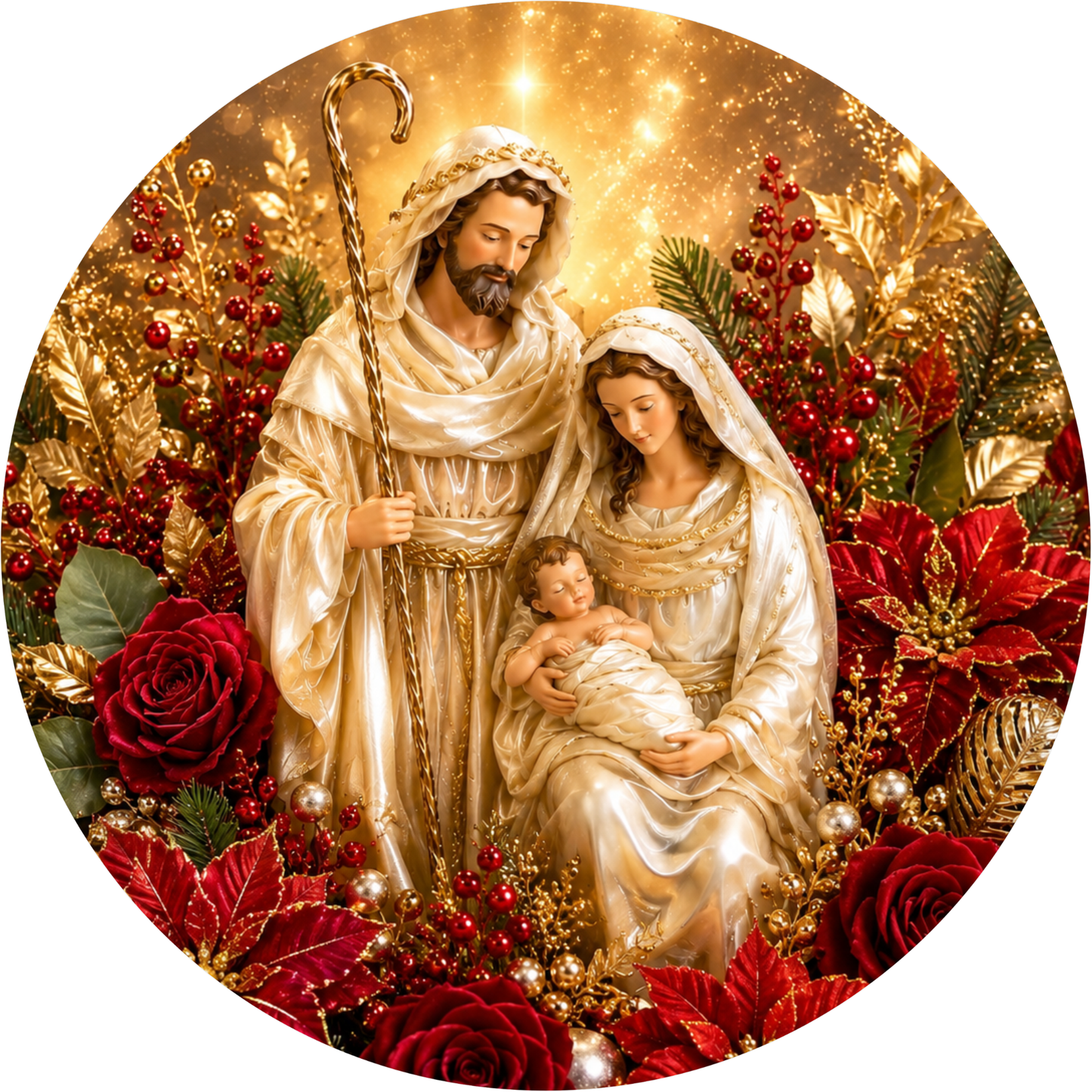 A statue of the Holy Family, with the parents and child, surrounded by a festive floral arrangement.