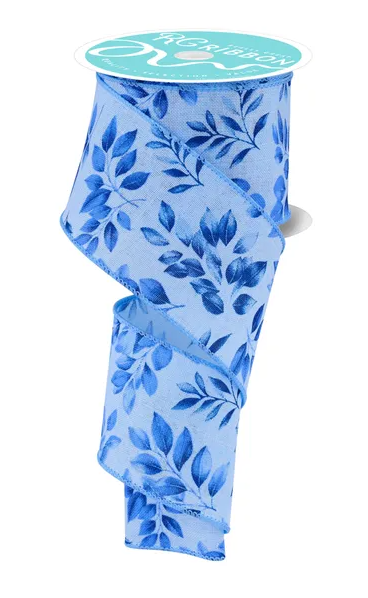 A blue and white floral patterned ribbon is shown, with the ribbon wrapped around a spool.