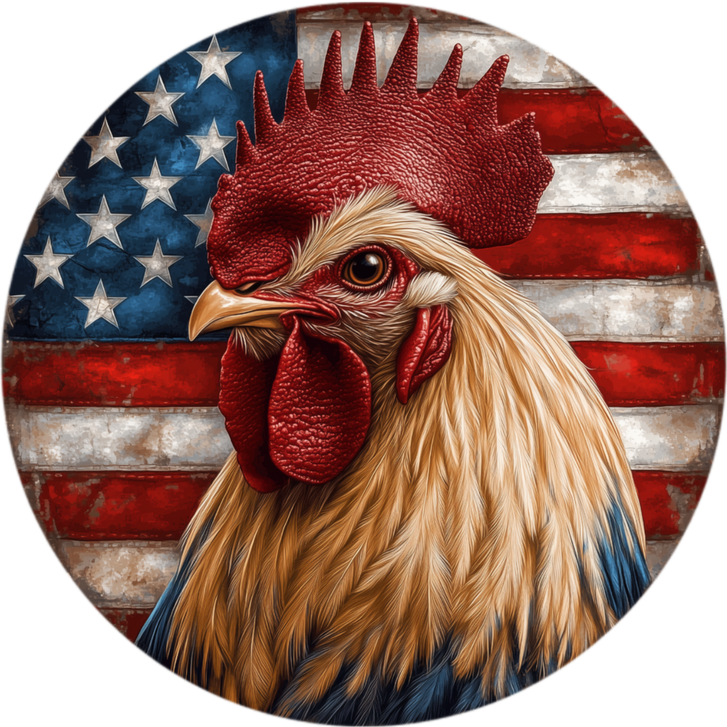 A rooster with a red comb and head, standing in front of an American flag.