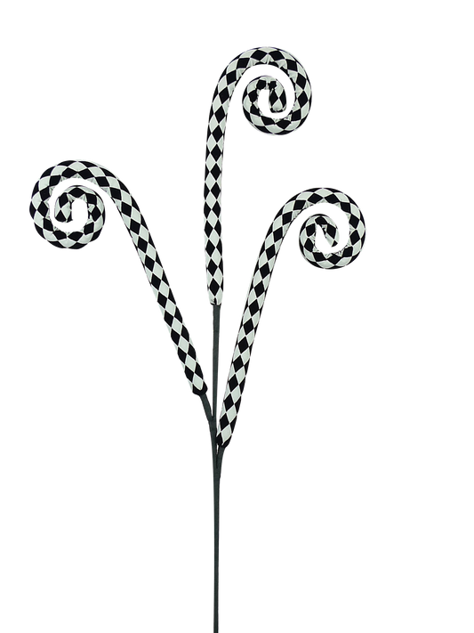 A black and white checkered pattern of three curved, spiral-shaped objects against a black background.