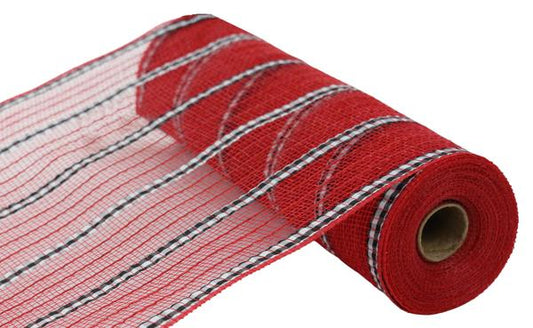 a roll of red mesh with a white stripe