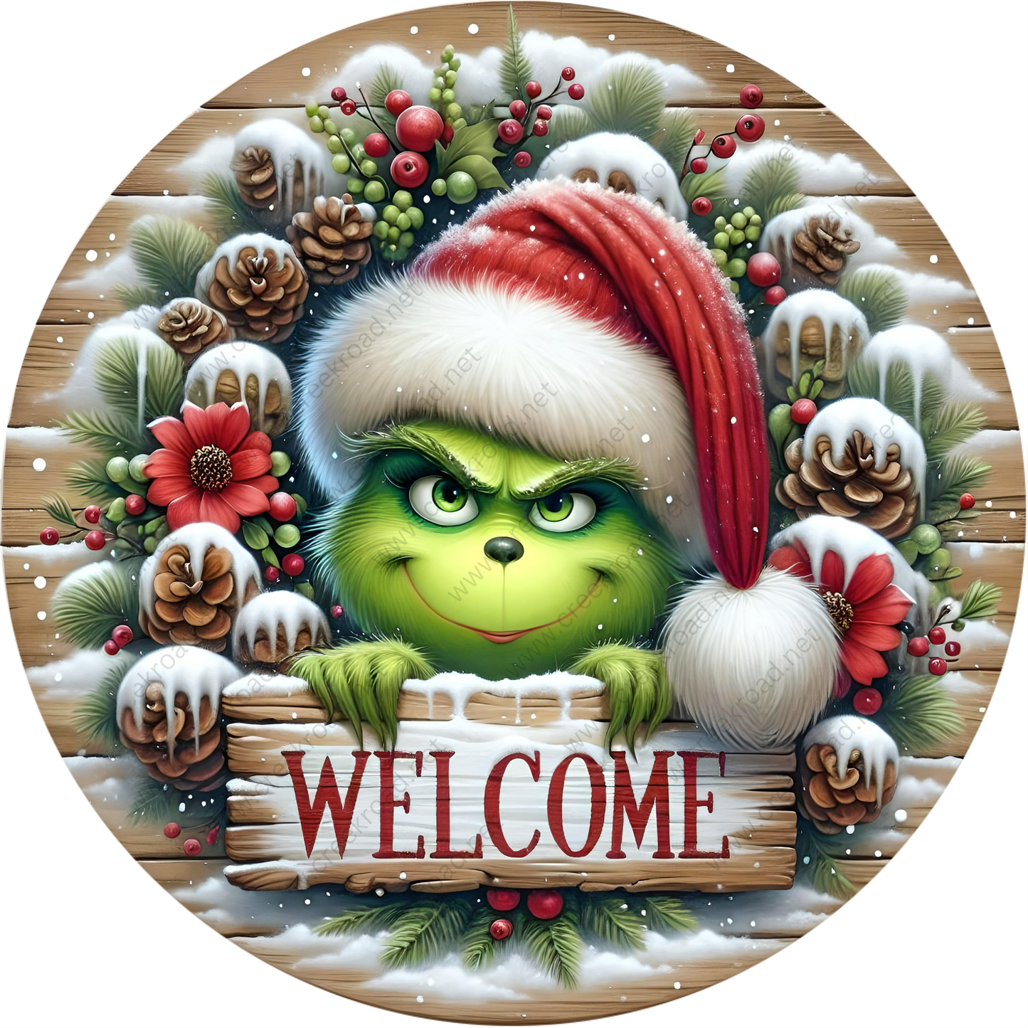 A cheerful green Grinch peeking out from behind a wreath of pine cones, berries, and snowflakes, with a "WELCOME" sign in the center.