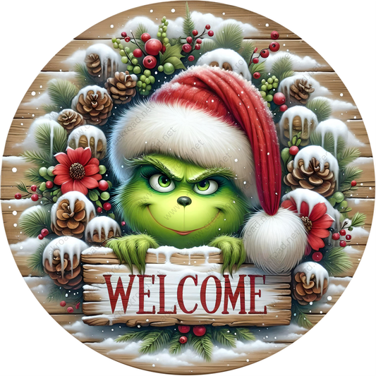A cheerful green Grinch peeking out from behind a wreath of pine cones, berries, and snowflakes, with a "WELCOME" sign in the center.