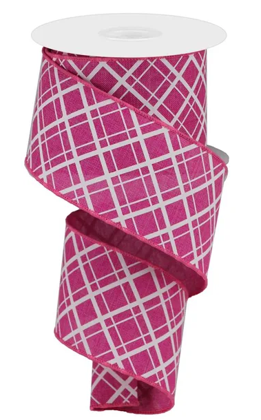 A pink and white checkered patterned ribbon is shown, with the ribbon coiled and hanging in a spiral shape.