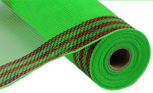A roll of green mesh with brown stripes on it.