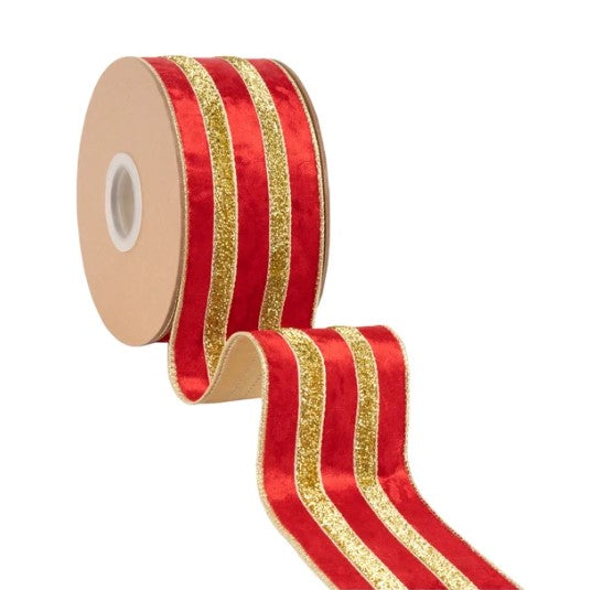 A roll of red and gold ribbon with a metallic glitter pattern.