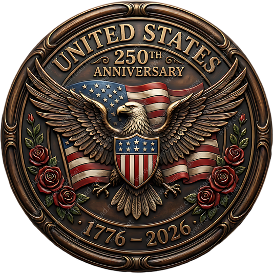 The image is a commemorative plaque celebrating the United States' 250th anniversary. It features an eagle with outstretched wings, a shield with the American flag, and roses. The plaque is set within a decorative border and includes the text "UNITED STATES 25TH ANNIVERSARY" and "1776-2026" at the bottom.