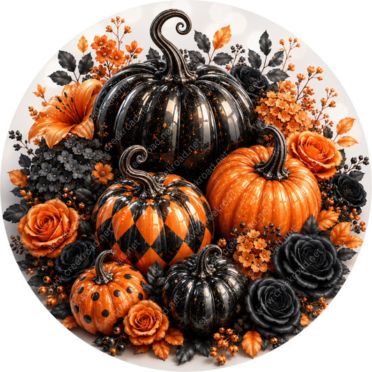 A circular arrangement of black and orange pumpkins, black roses, and orange and black flowers, creating a festive and autumnal display.