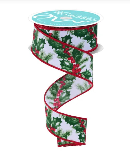 A roll of red and green Christmas-themed ribbon with a holly and pine tree pattern.