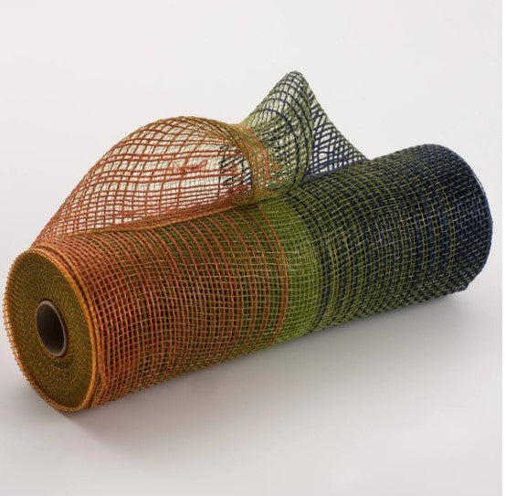 A roll of colorful mesh or netting with a pattern of orange, green, and blue colors.
