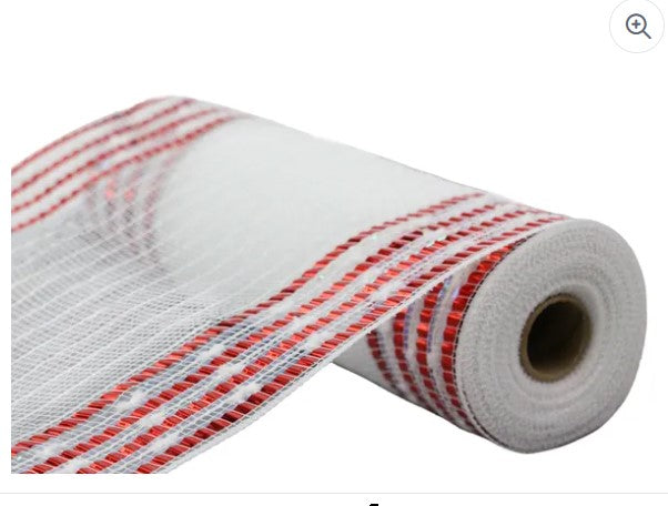 A roll of white and red mesh material with a red and white striped pattern.