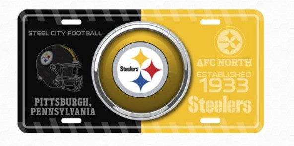 A license plate featuring the Pittsburgh Steelers logo and text, with a black background on the left and a yellow background on the right.