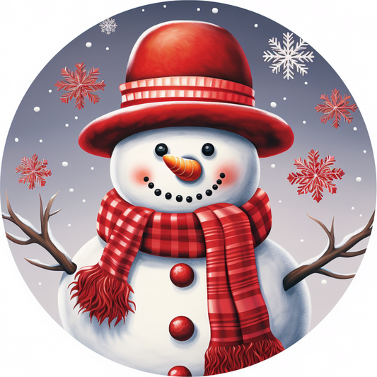 a snowman wearing a red hat and scarf