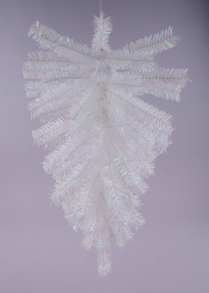 A white, fluffy, and feathery Christmas tree decoration with a long, thin, and spiky appearance, hanging against a purple background.