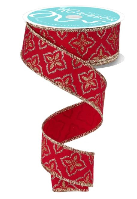 A red and gold floral patterned ribbon is shown, with the ribbon winding around a spool of the same ribbon.