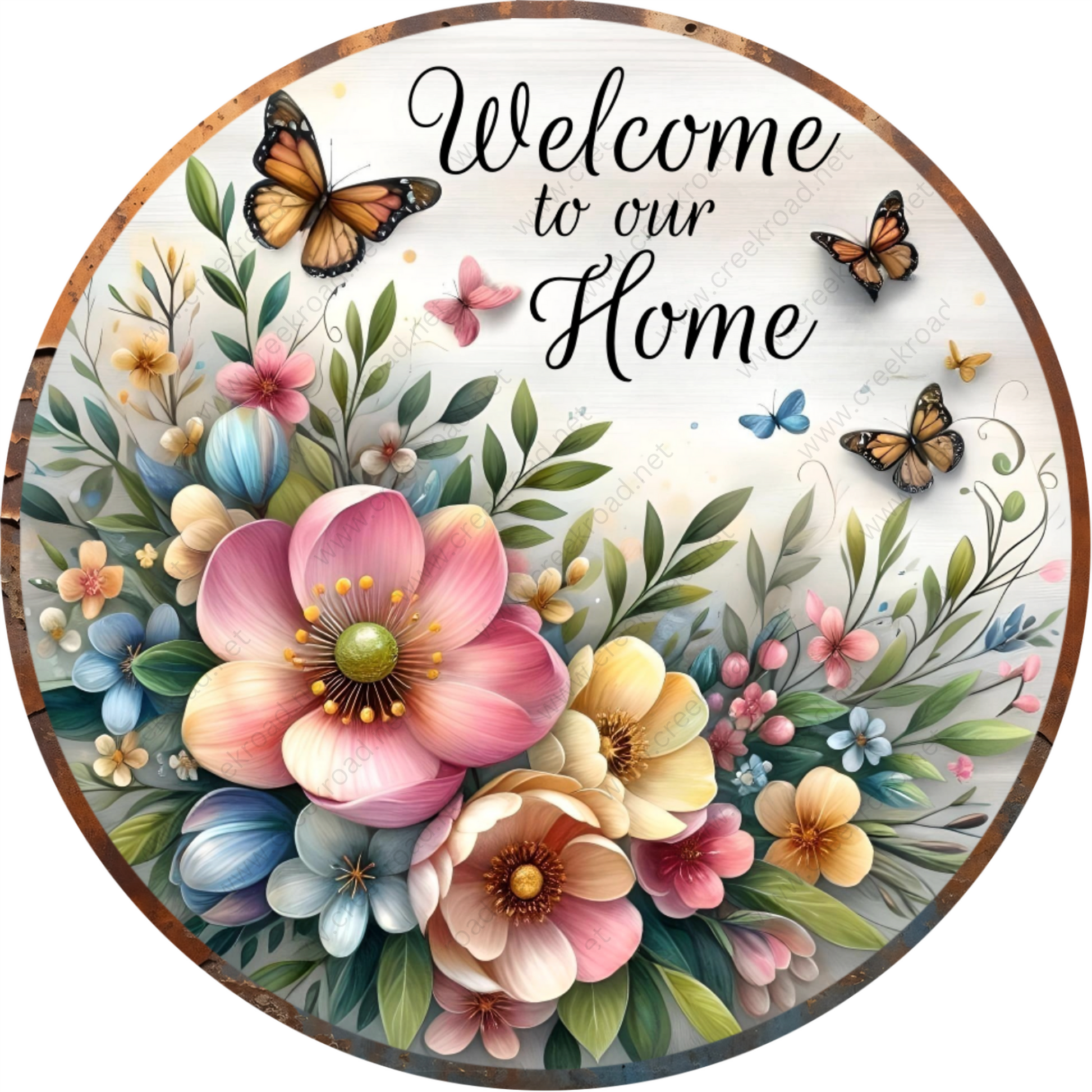 a welcome sign with flowers and butterflies