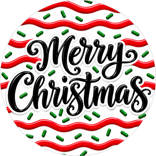A circular design with the text "Merry Christmas" written in a decorative font, surrounded by red and green confetti-like elements.