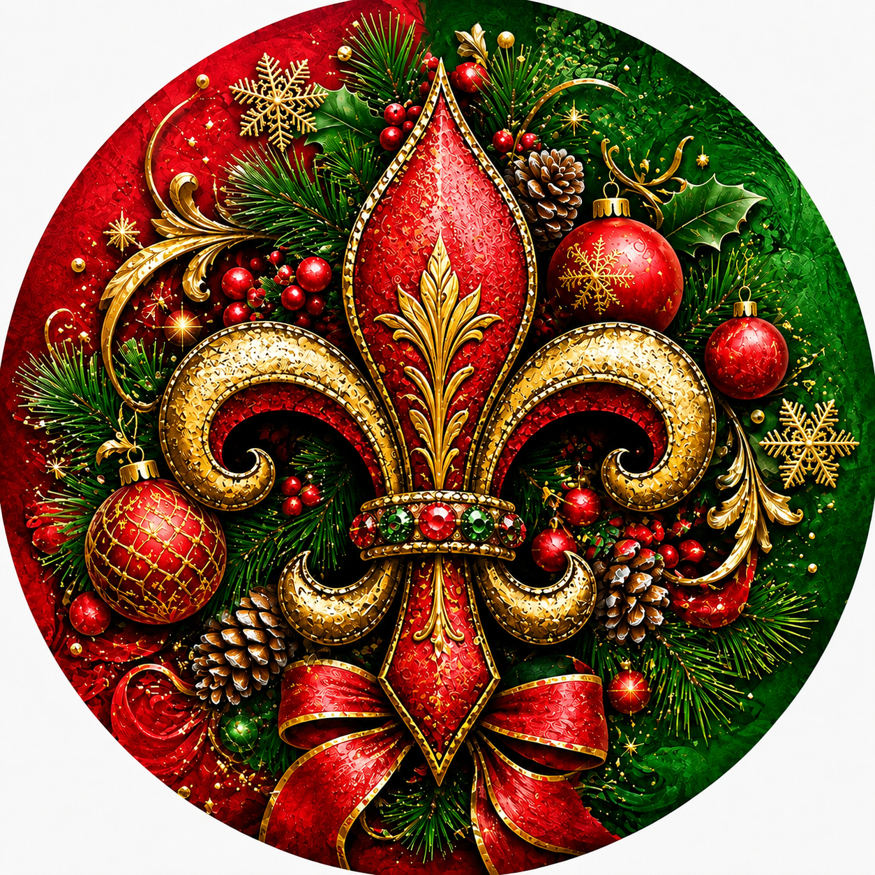 A detailed and ornate Christmas wreath with a red and gold color scheme, featuring a central fleur-de-lis design surrounded by various holiday decorations such as pine cones, berries, and ornaments.