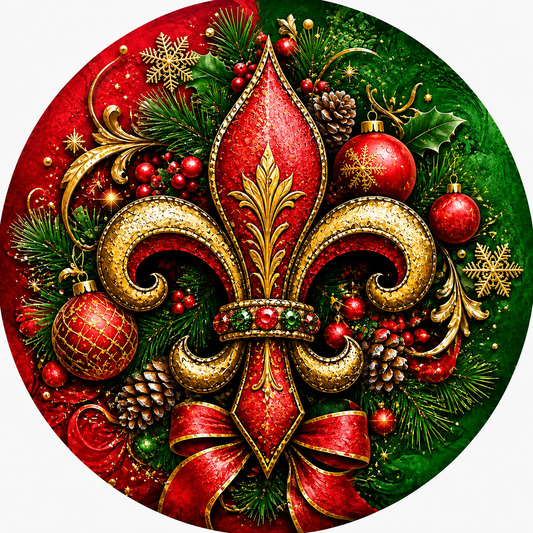 A detailed and ornate Christmas wreath with a red and gold color scheme, featuring a central fleur-de-lis design surrounded by various holiday decorations such as pine cones, berries, and ornaments.