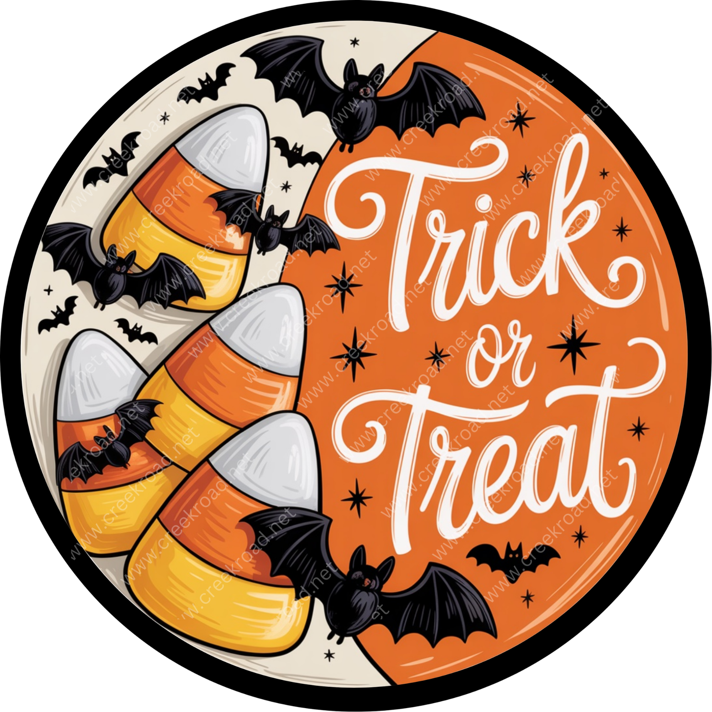 a Halloween-themed design with a central circular shape containing the text "Trick or Treat" surrounded by candy corn and bats.