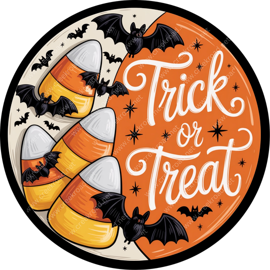 a Halloween-themed design with a central circular shape containing the text "Trick or Treat" surrounded by candy corn and bats.