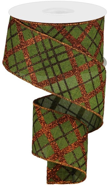 a roll of green and orange plaid ribbon