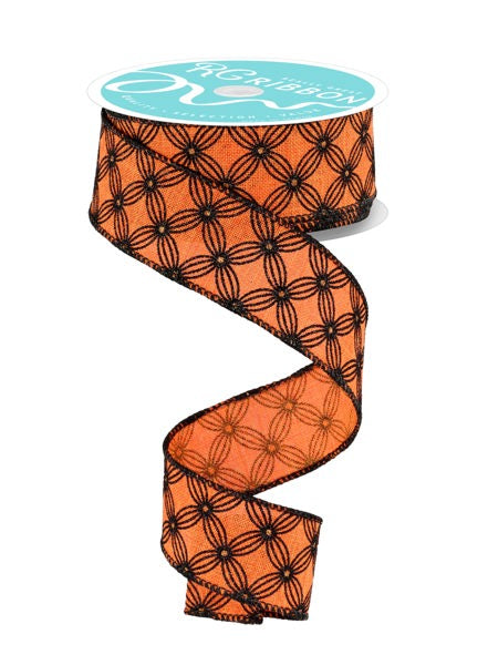 a spiral-shaped orange and black floral patterned ribbon.