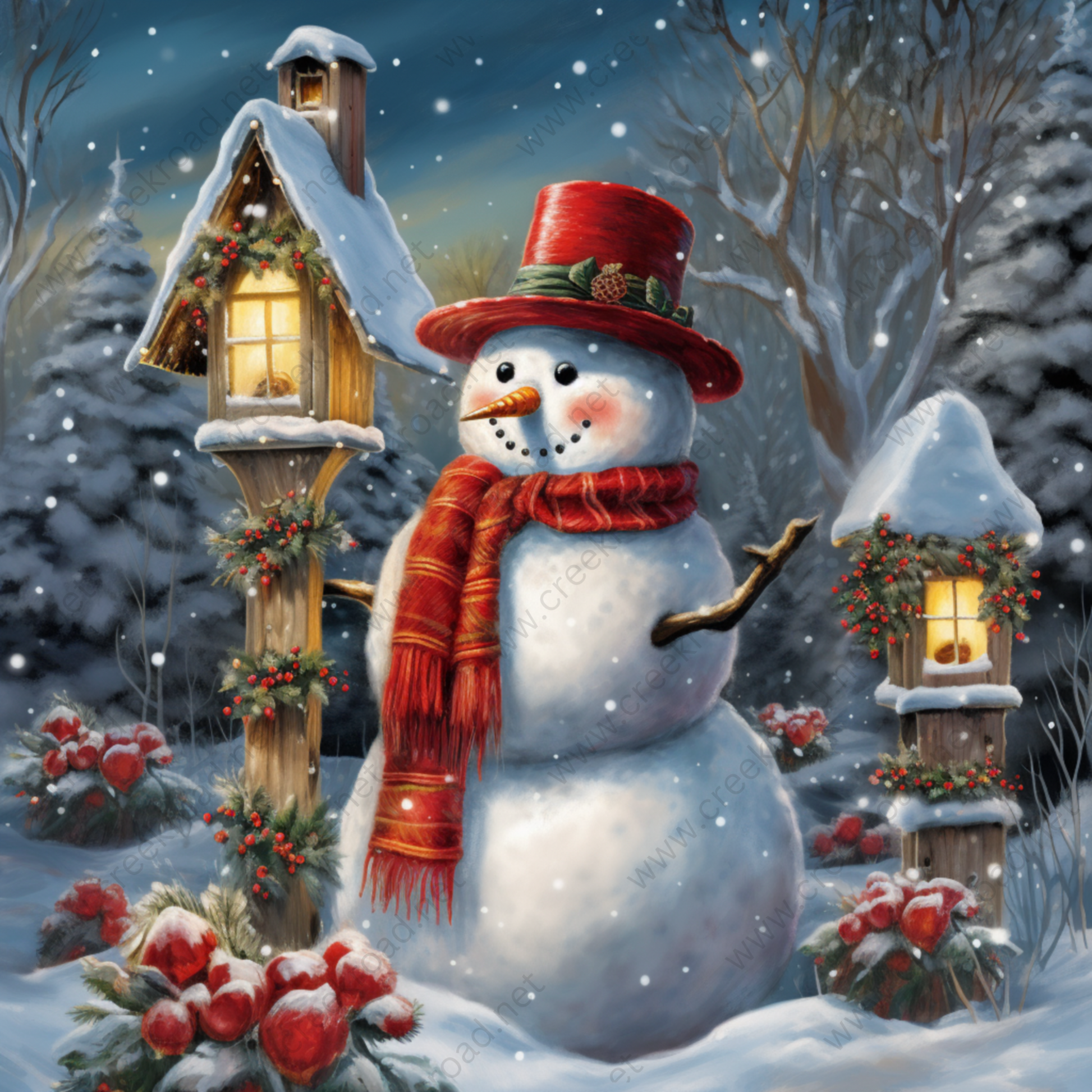 a painting of a snowman with a red hat and scarf