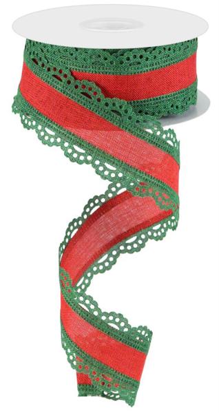 a roll of red and green ribbon on a white surface