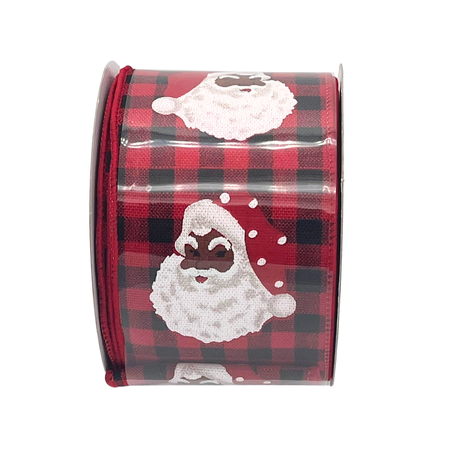A roll of ribbon with a red and black plaid pattern featuring a white Santa Claus face.