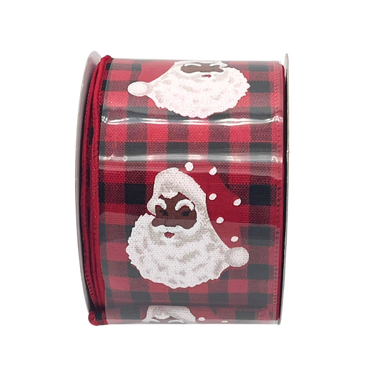 A roll of ribbon with a red and black plaid pattern featuring a white Santa Claus face.