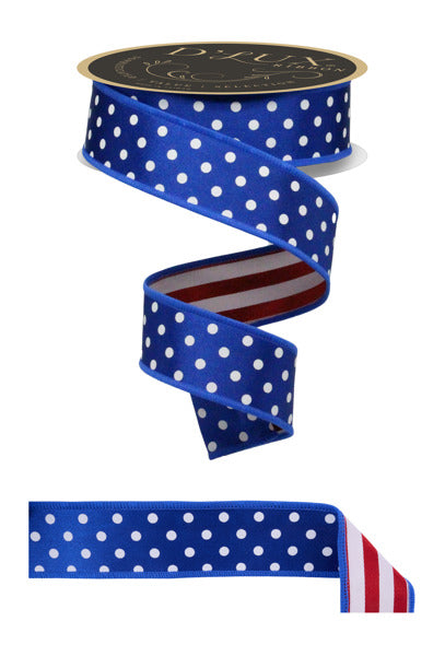 a blue ribbon with white dots and an american flag