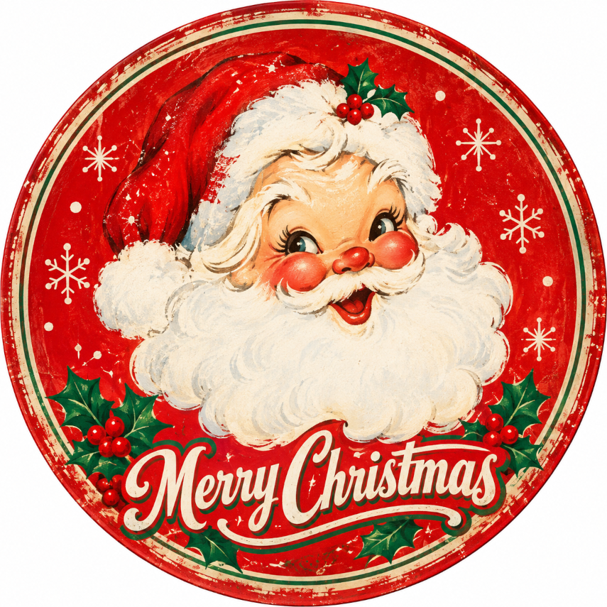 A vintage-style Christmas-themed sign featuring a smiling Santa Claus face surrounded by holly leaves and berries, with the text "Merry Christmas" prominently displayed.