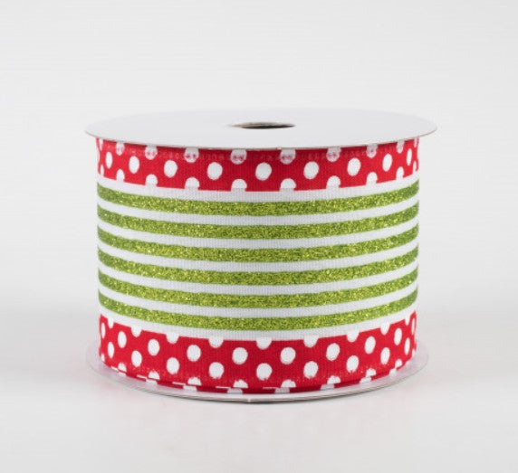 a roll of red and green polka dot ribbon