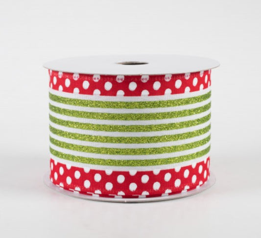 a roll of red and green polka dot ribbon