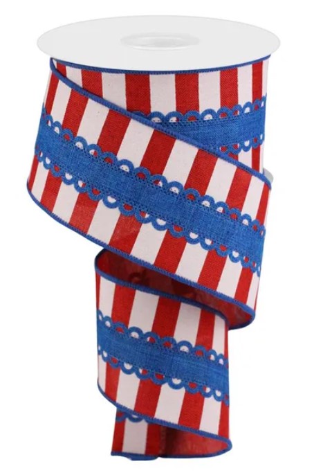 A spiral-shaped ribbon with red and white stripes and blue lace trim.