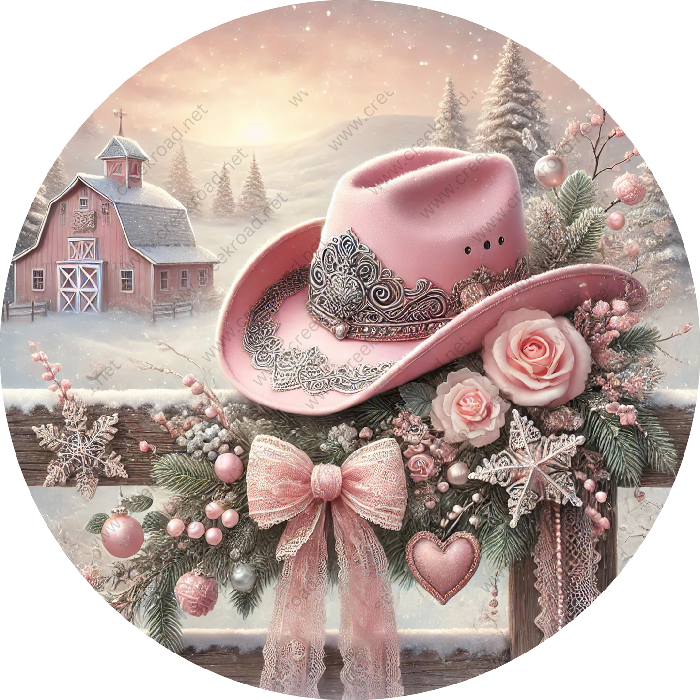 A pink cowboy hat adorned with flowers and ribbons is displayed against a snowy landscape with a red barn in the background.