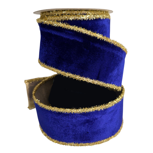 A roll of blue velvet ribbon with gold trim, featuring a shiny, decorative appearance.